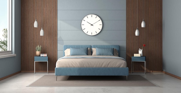 Blue and wooden master bedroom with double bed