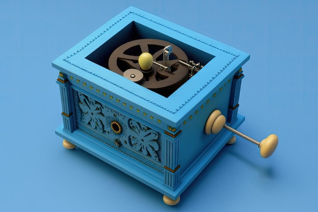 Blue wooden music box with needle bed on blue background created with generative ai