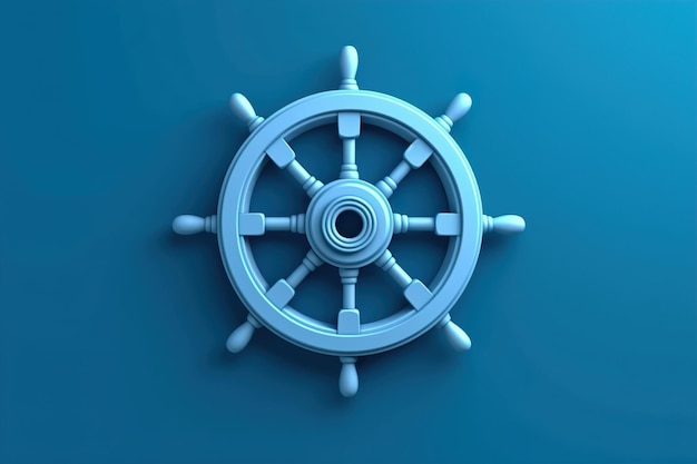 Blue wooden ship wheel on blue background