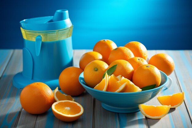 Photo blue wooden table ripe fresh oranges squeezer top view making fresh orange juice