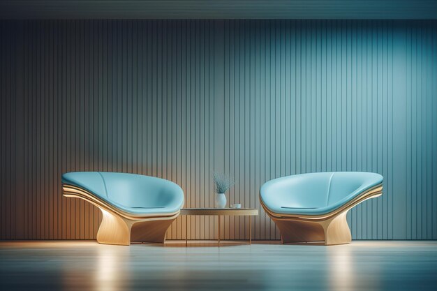 青い木製の壁と青い家具アーティストのインテリア デザイン