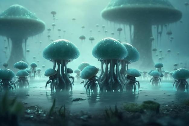 A blue world with mushrooms in the water