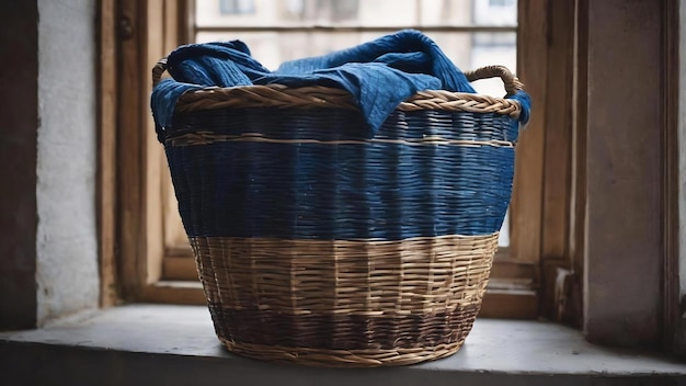 A blue woven basket is seen in a window in the city of london