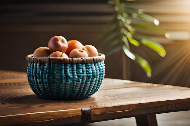 桃が入った青い編み籠が木製のテーブルの上に置かれています。