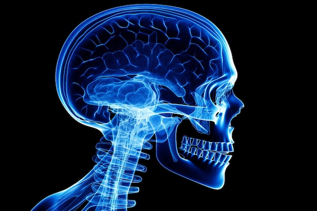 Photo blue x ray image of human head with skeleton in the background generative ai