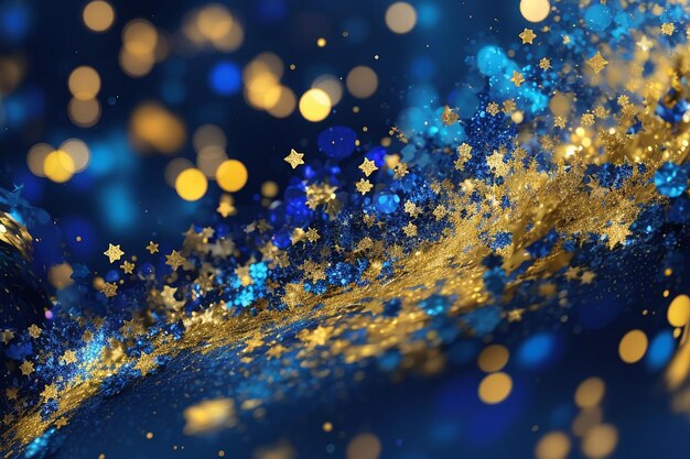 Photo blue and yellow abstract background with blurred gold sparkles