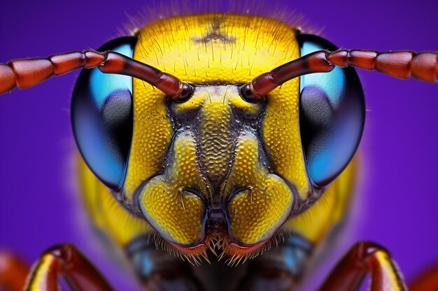 Foto una formica blu e gialla con un occhio giallo su uno sfondo viola