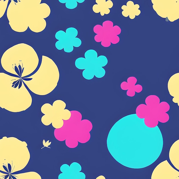 A blue and yellow background with a blue and pink flower pattern.