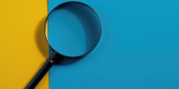 A blue and yellow background with a magnifying glass on the left side.
