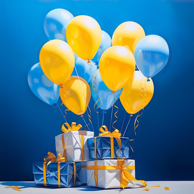 Blue and yellow ballons and a present