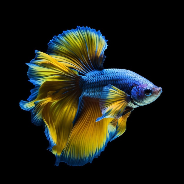 A blue and yellow betta fish with a long tail