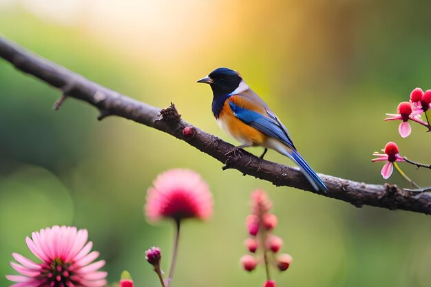 A blue and yellow bird is perched on a branch with pink flowers