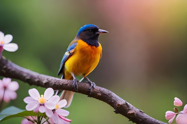 A blue and yellow bird is sitting on a branch with flowers