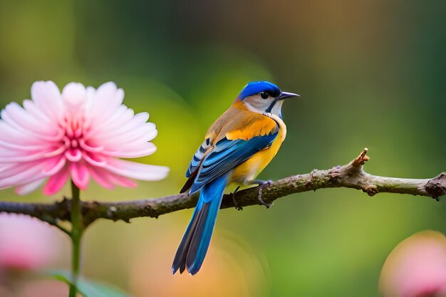 A blue and yellow bird is sitting on a branch with a pink flower in the background