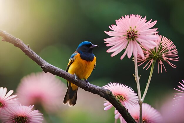 A blue and yellow bird is sitting on a branch with pink flowers