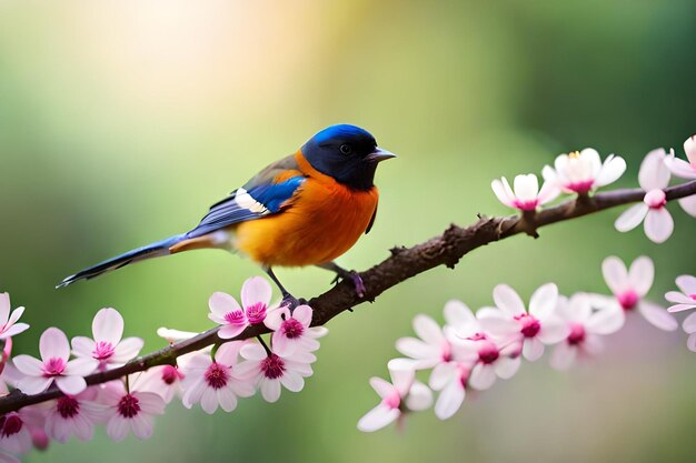 A blue and yellow bird is sitting on a branch with pink flowers