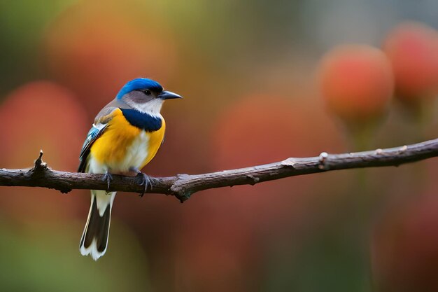 a blue and yellow bird is sitting on a branch with a red and orange background.