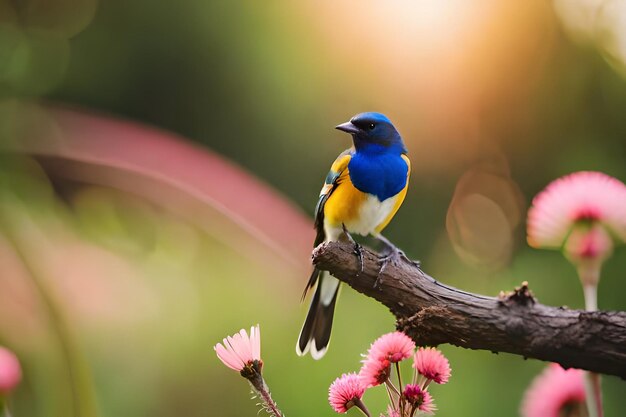A blue and yellow bird sits on a branch with pink flowers in the background.