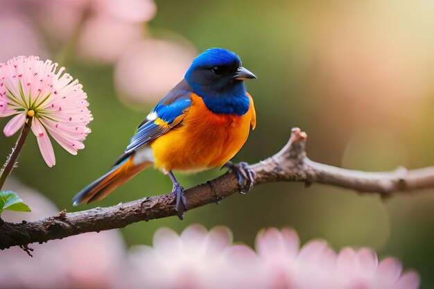 A blue and yellow bird sits on a branch with pink flowers