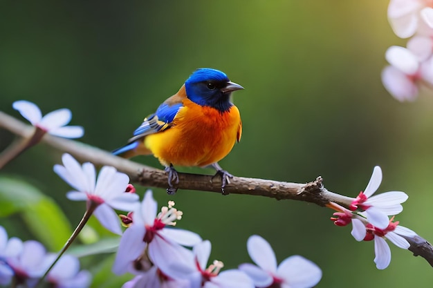 A blue and yellow bird sits on a branch with purple flowers