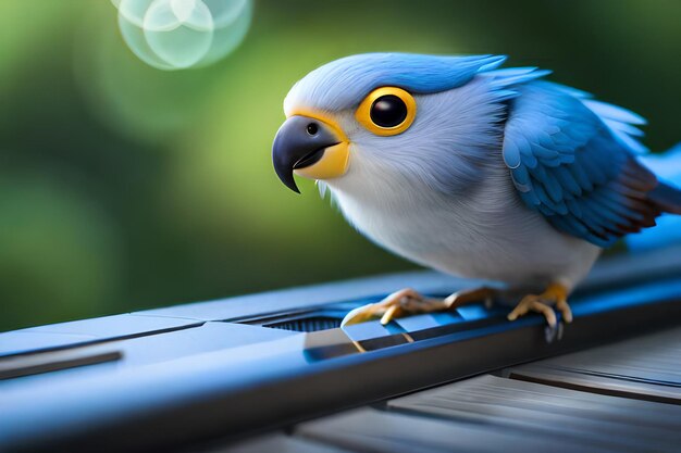 A blue and yellow bird with a blue head and yellow eyes sits on a laptop.