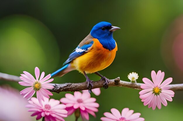 A blue and yellow bird with white letters on it