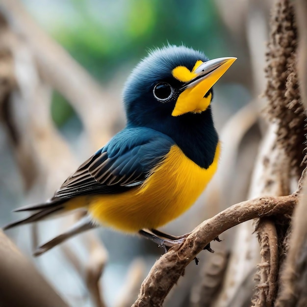 a blue and yellow bird with a yellow beak and a yellow beak.