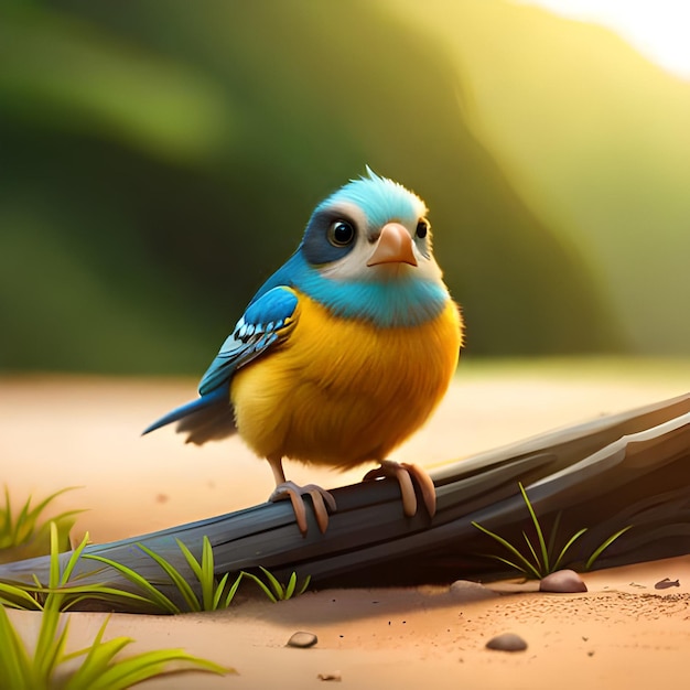 A blue and yellow bird with a yellow head and blue eyes sits on a branch.