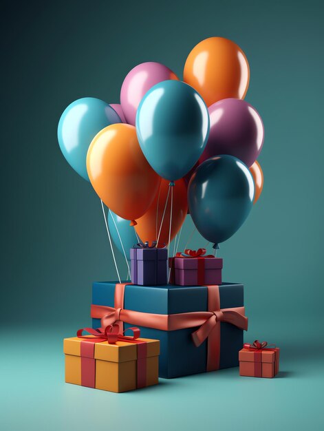 A blue and yellow box with balloons and a bunch of presents on it