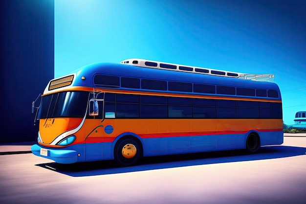 A blue and yellow bus is parked in a parking lot.