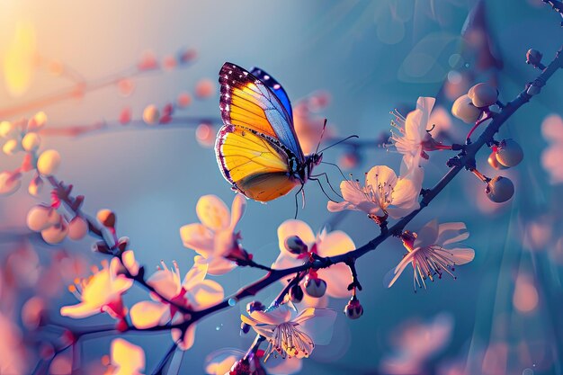 Blue and yellow butterfly on apricot tree branch at sunrise