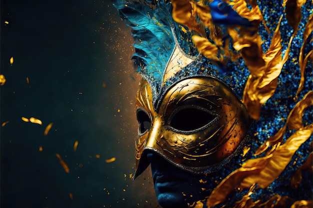 Blue and yellow carnival mask with glitter on a background of gold foil confetti and streamers