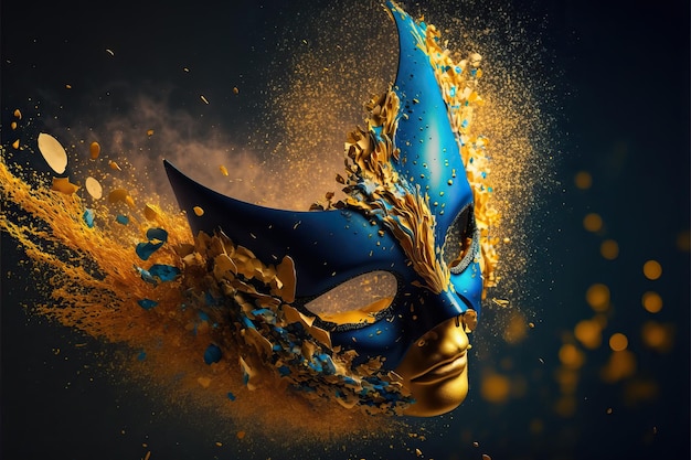 Blue and yellow carnival mask with glitter on a background of gold foil confetti and streamers