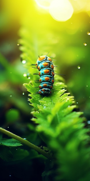 Photo blue and yellow caterpillar on raindropcovered plant anaglyph filter