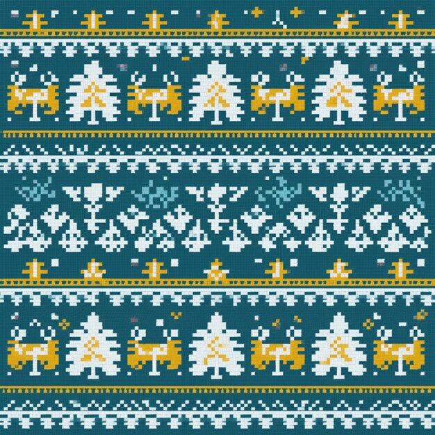 a blue and yellow christmas sweater with trees and snowflakes generative ai