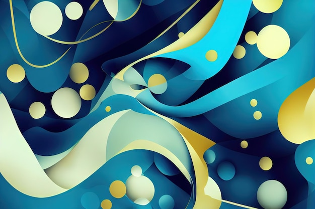 Blue and yellow curls pattern with circles abstract background digital illustration