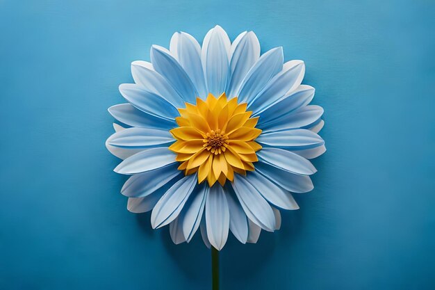 A blue and yellow daisy against a blue background