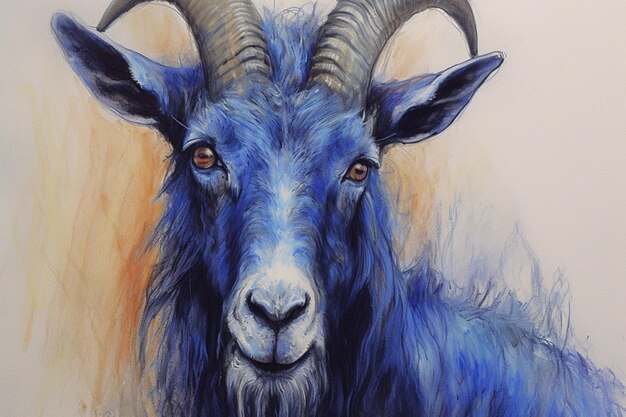 A blue and yellow drawing of a goat with a blue f