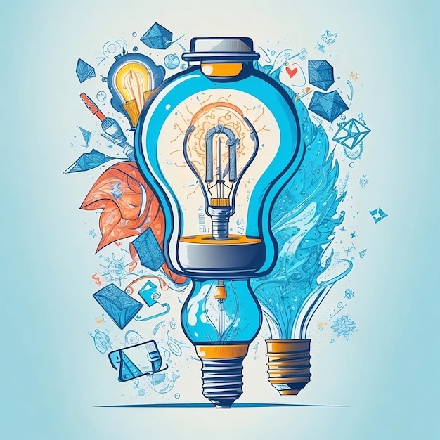 A blue and yellow drawing of a light bulb with the word light on it