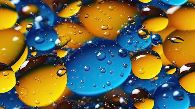 A blue and yellow drop of water is surrounded by water droplets