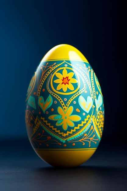 A blue and yellow easter egg with a floral pattern on the front