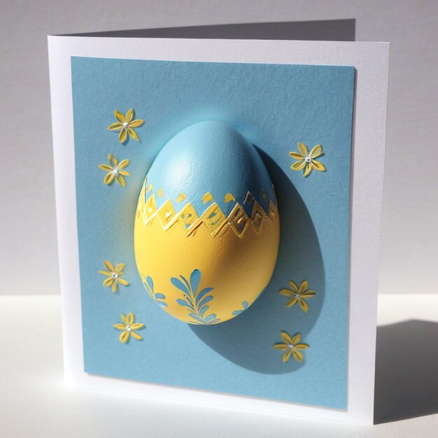 Photo a blue and yellow egg with a yellow flower on it