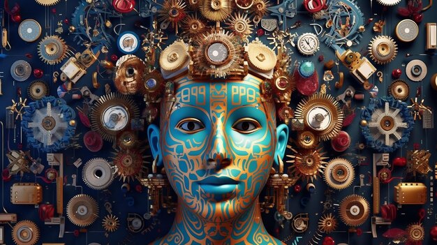 Photo a blue and yellow face with a clock face and the words 99.