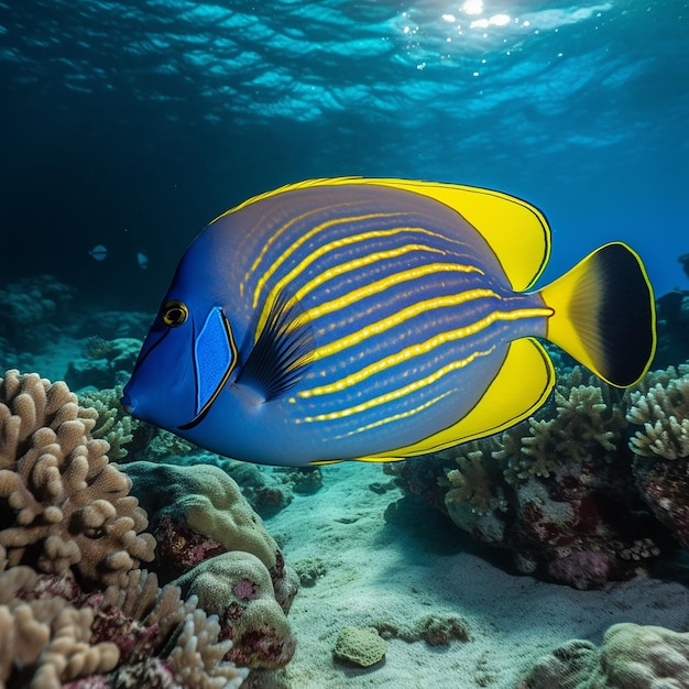 A blue and yellow fish swims over a coral reef.