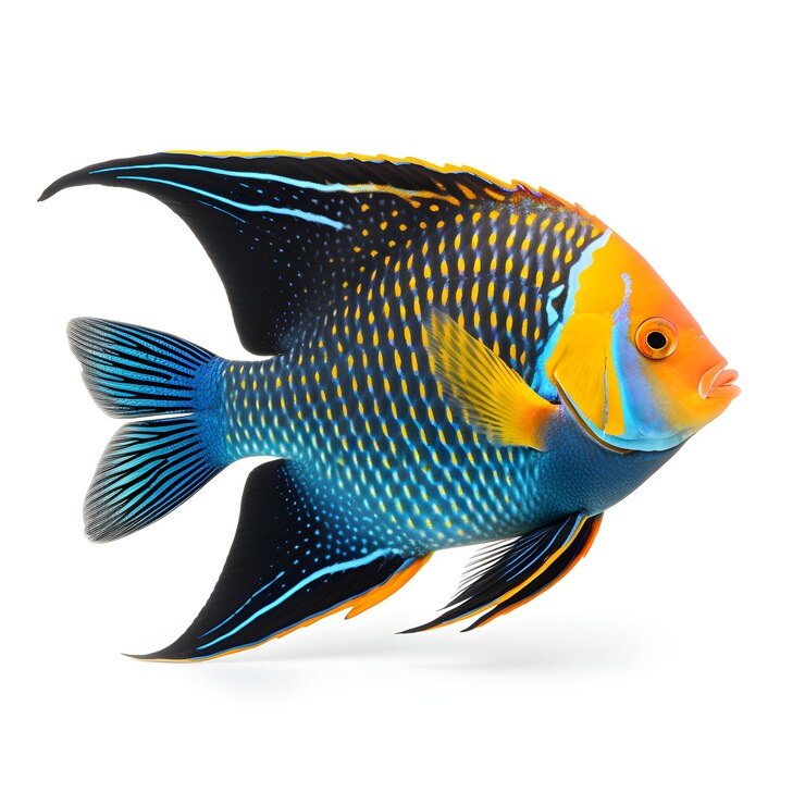 Premium Photo | A blue and yellow fish with black stripes and a black tail.