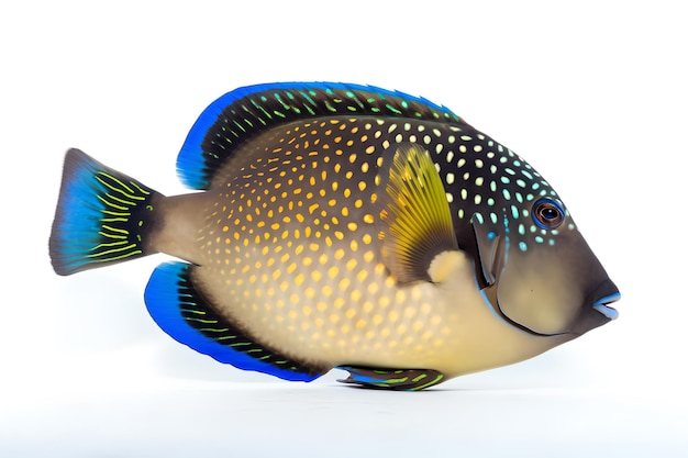 A blue and yellow fish with a black and white pattern.