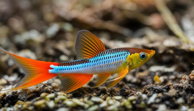 a blue and yellow fish with a red tail