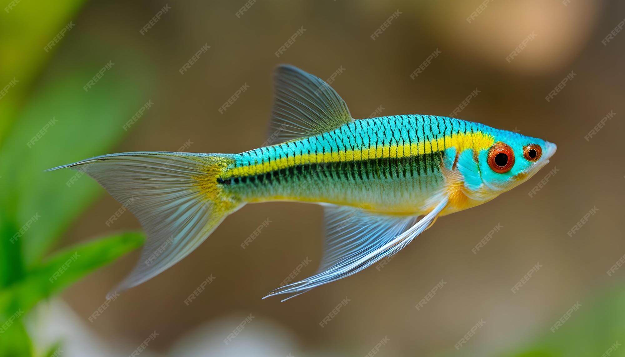 Premium Photo | A blue and yellow fish with a yellow stripe is in a tank