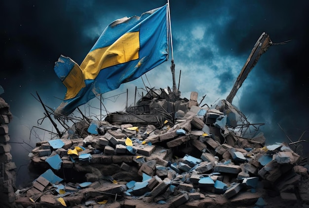 Photo a blue and yellow flag is flying over a pile of rubble