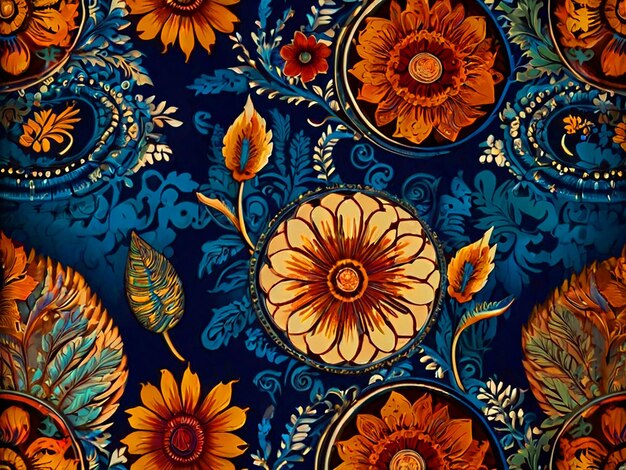 a blue and yellow floral fabric with a yellow flower in the center